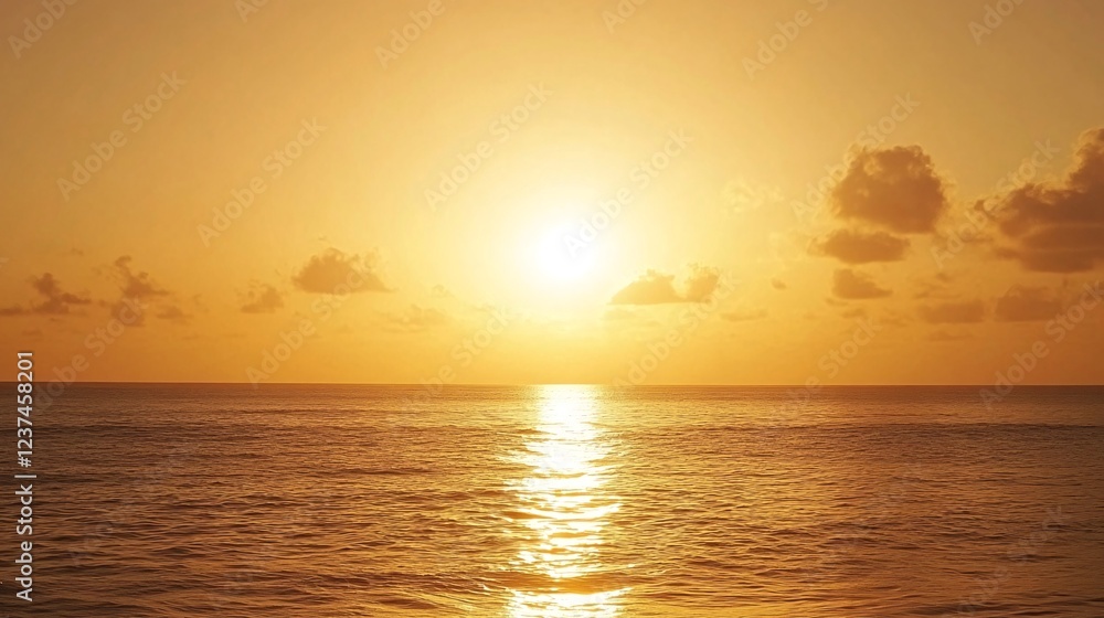 Naklejka premium Golden sunset over calm ocean, serene evening sky, tranquil waters, nature scene, travel photography