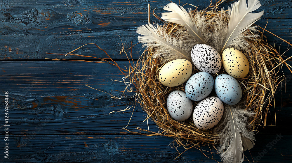 easter egg in nest with blue wooden background