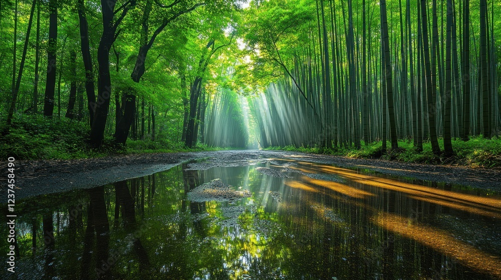 Fototapeta premium Sunbeams in lush forest path, puddle reflection, tranquil nature scene, ideal for nature documentaries