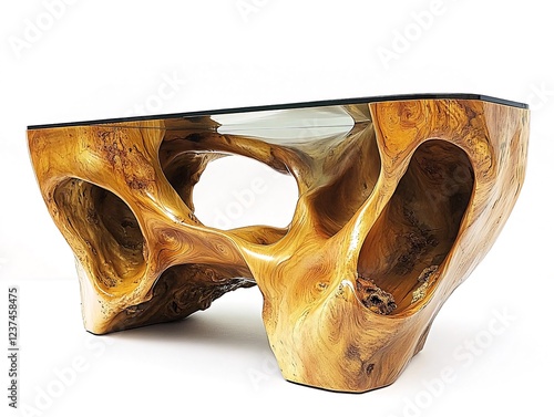 Organic wood coffee table with glass top, modern design, minimalist background, home decor photo