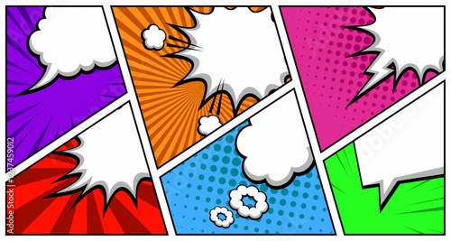 Comic books dialog bubbles. Cartoon book superhero scrapbook page template, empty comical speech clouds, graphic art frame layout template illustration. Pop art background with blank balloons