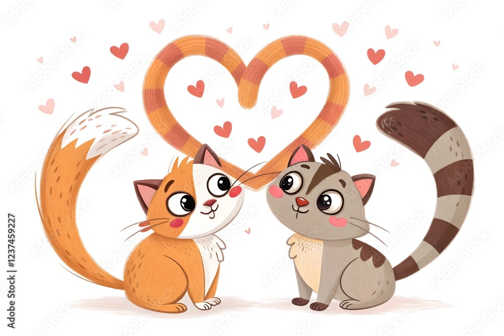 Fototapeta premium Two cartoon cats with tails creating a heart shape on a white background. Valentine's Day illustration for love and romance themes 