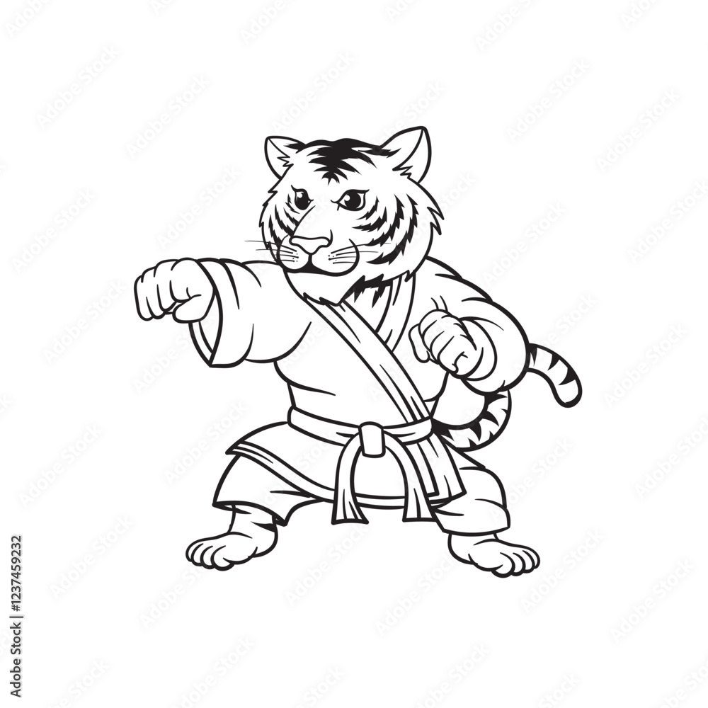 Obraz premium cartoon tiger posing karate mascot character design vector, logo template isolated on white background