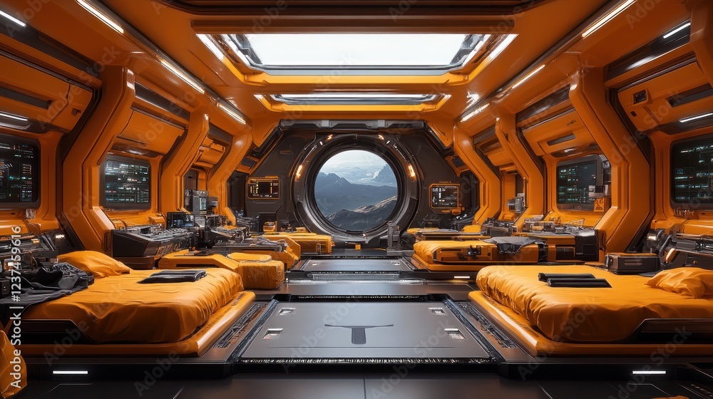 Fototapeta premium Futuristic Spaceship Cabin with Mountain View