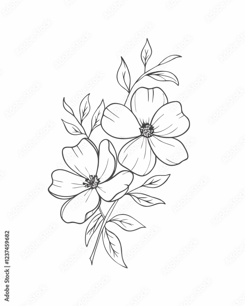Fototapeta premium Delicate Hand-Drawn Floral Design with Elegant Flowers and Soft Leaves, Beautiful Line Drawing of Blossoms and Greenery, Intricate Floral Illustration
