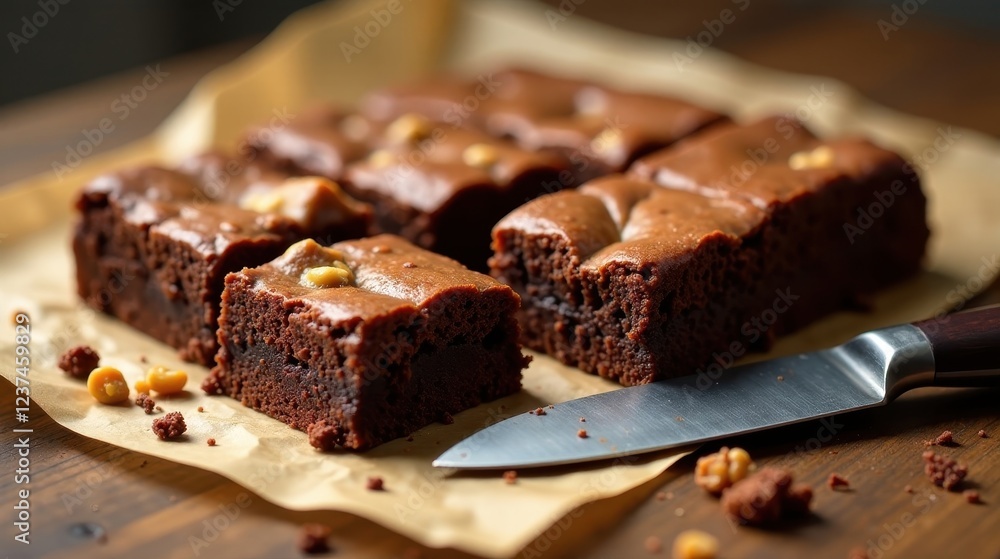 Deliciously decadent chocolate brownies with caramel nut topping, freshly baked and arranged on parchment paper, a knife nearby Deliciously decadent chocolate brownies with caramel nut topping, freshly baked and arranged on parchment paper, a knife nearby