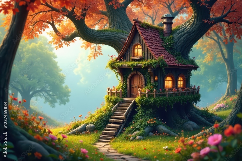 Obraz premium Enchanted Treetop Cottage Nestled in a Lush Autumnal Forest with a Stone Path Leading to its Wooden Door