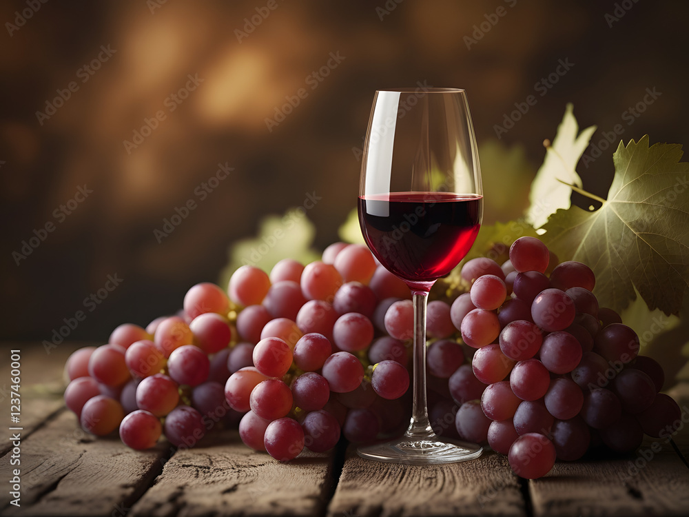 Fototapeta premium glass of red wine and grapes on wooden table 