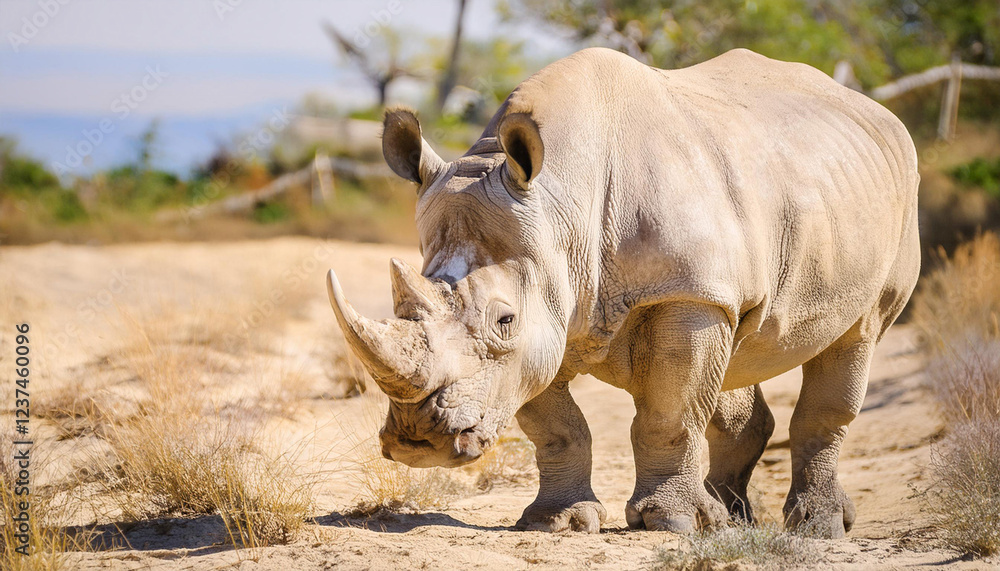 White Rhinoceros Standing in a Sunny and Copy Space White Rhinoceros Standing in a Sunny and Copy Space