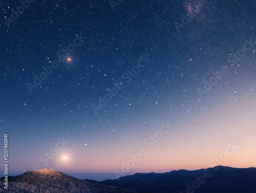 Stunning night sky over mountain landscape with visible stars and atmospheric glow at dusk
