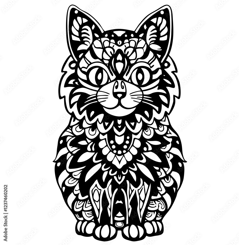 Fototapeta premium Intricate Mandala-Inspired Cat Design, Detailed Black and White Cat Illustration with Ornate Patterns, Spiritual and Artistic Cat with Decorative Floral Motifs