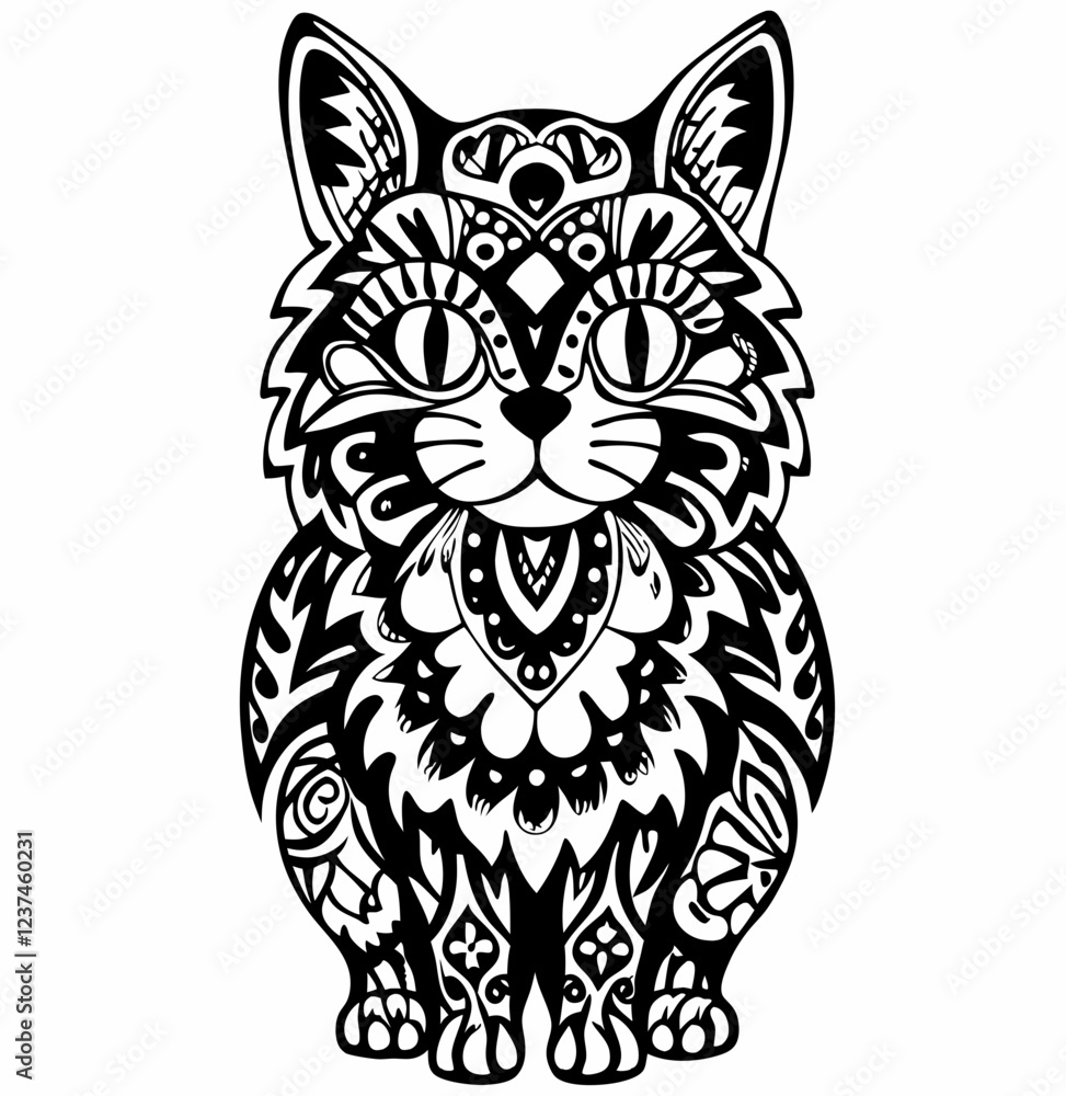 Obraz premium Intricate Mandala-Inspired Cat Design, Detailed Black and White Cat Illustration with Ornate Patterns, Spiritual and Artistic Cat with Decorative Floral Motifs