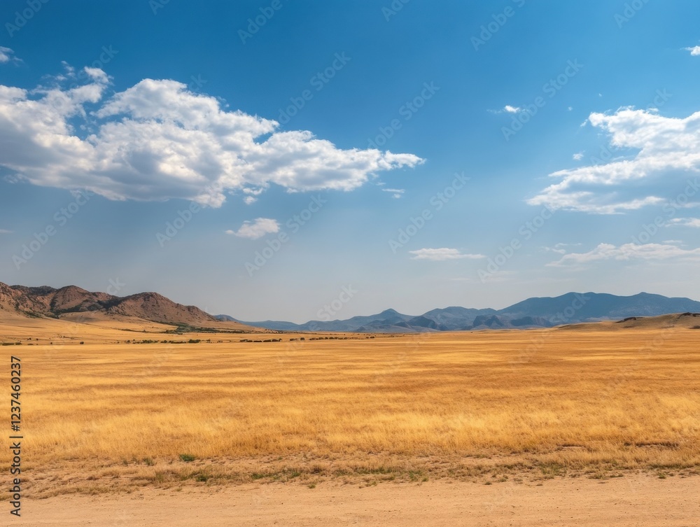 Obraz premium Vast golden plains under clear blue sky with distant mountains