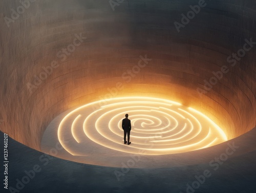 Male figure standing in illuminated circular maze in modern concrete structure