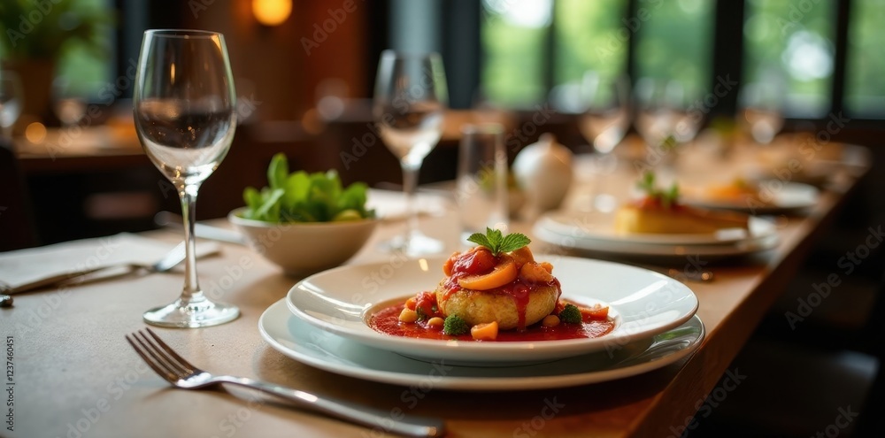 Savory Pan-Seared Cake with Sweet Peach Compote and Fresh Herbs, Served on Elegant White Plates in a Refined Restaurant Setting Savory Pan-Seared Cake with Sweet Peach Compote and Fresh Herbs, Served on Elegant White Plates in a Refined Restaurant Setting