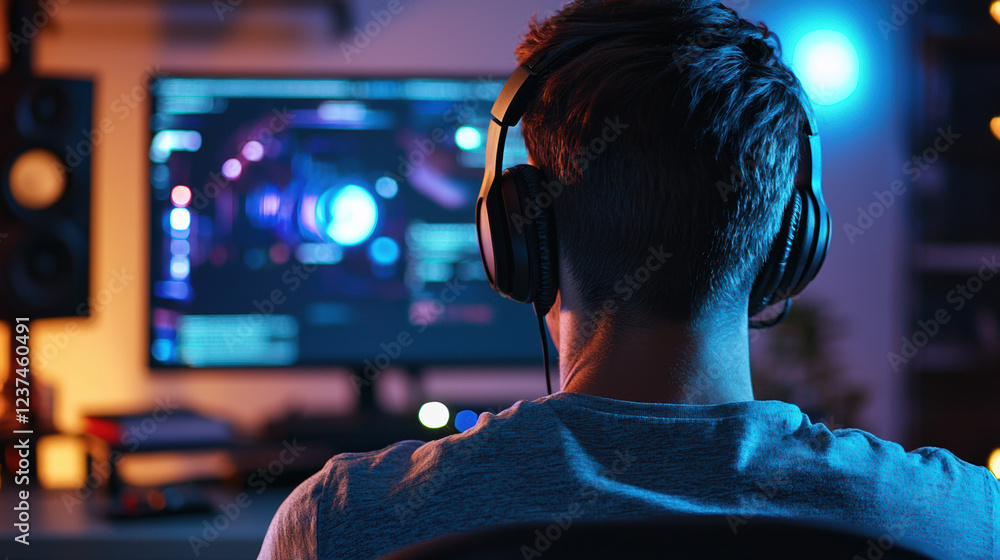 Obraz premium A professional using a headset for an online coaching session, with soft natural lighting highlighting the home setup.
