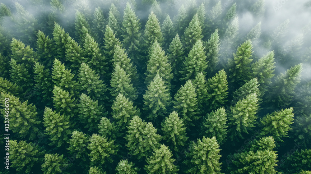 Fototapeta premium Misty landscape with fir forest. Misty pine forest during sunrise