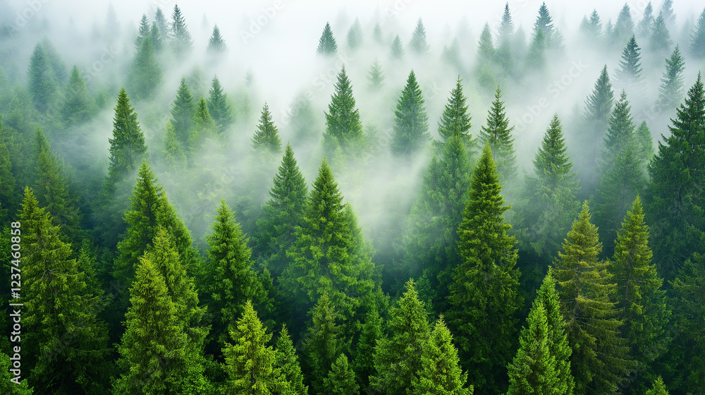 Fototapeta premium Misty landscape with fir forest. Misty pine forest during sunrise