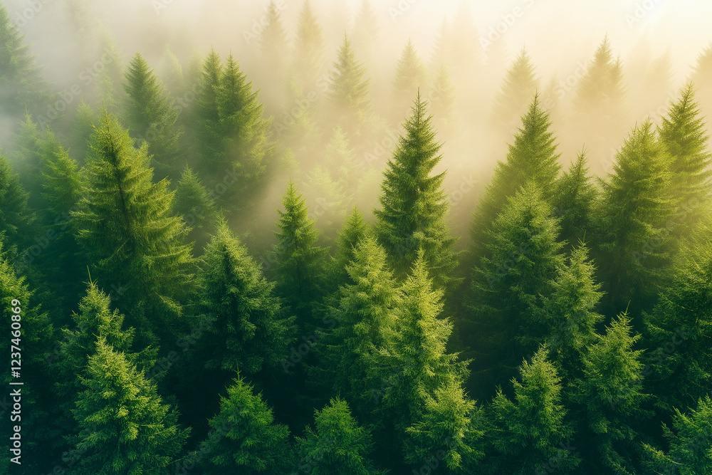 Fototapeta premium Misty landscape with fir forest. Misty pine forest during sunrise