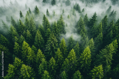 Misty landscape with fir forest. Misty pine forest during sunrise