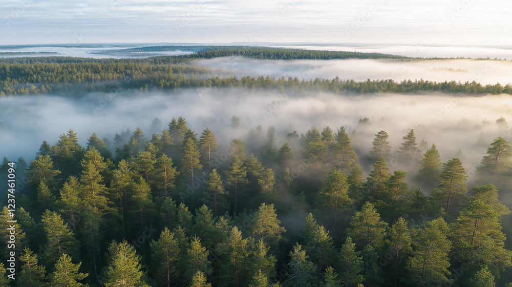 Misty landscape with fir forest. Misty pine forest during sunrise Misty landscape with fir forest. Misty pine forest during sunrise