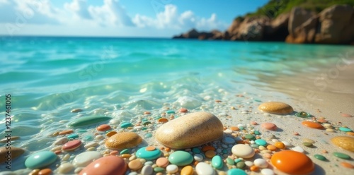 Ocean's Gentle Embrace Smooth Stones and Aqua Waters on a Pristine Beach