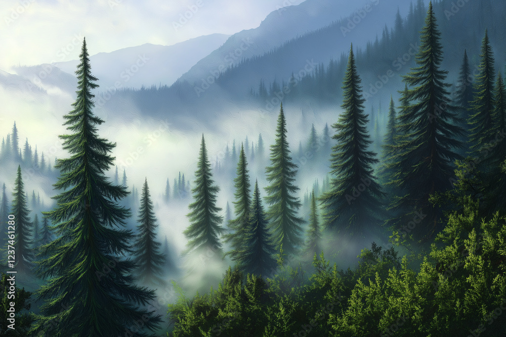Fototapeta premium Misty landscape with fir forest. Misty pine forest during sunrise