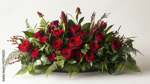 red roses and greenery, beautifully arranged and gifted to a loved one as a symbol of love on Valentine
