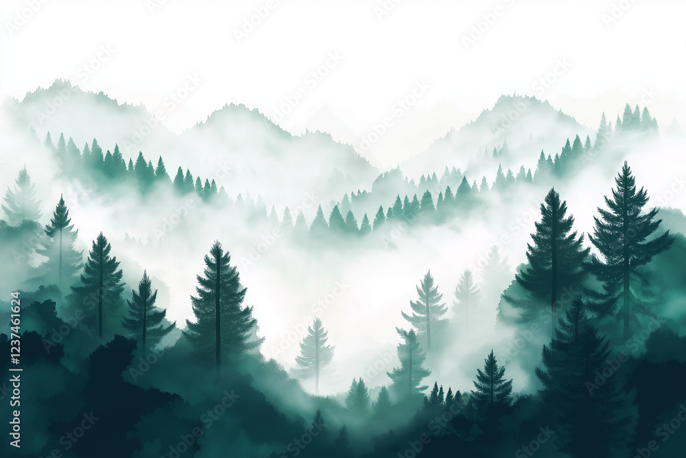 Fototapeta premium Misty landscape with fir forest. Misty pine forest during sunrise