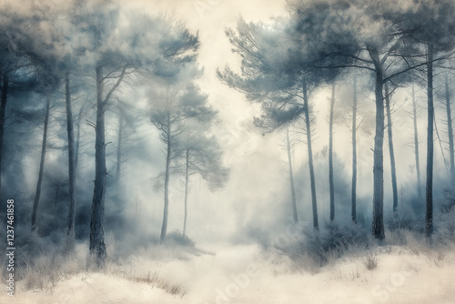 Misty landscape with fir forest. Misty pine forest during sunrise
