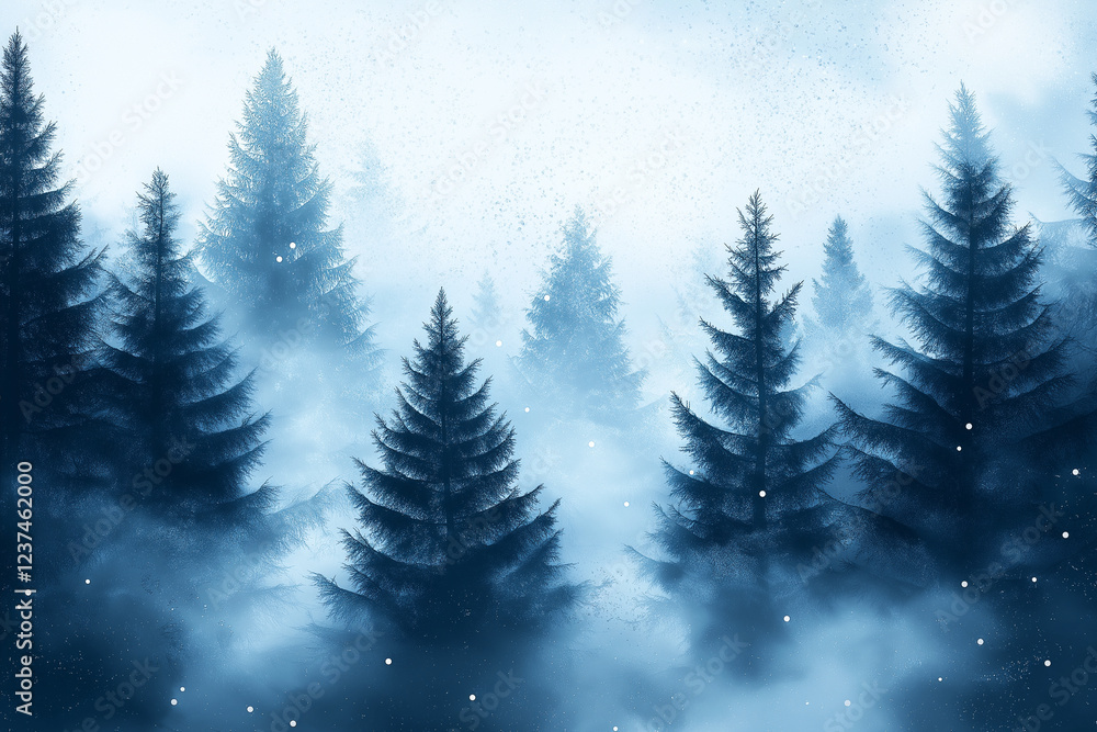 Fototapeta premium Misty landscape with fir forest. Misty pine forest during sunrise