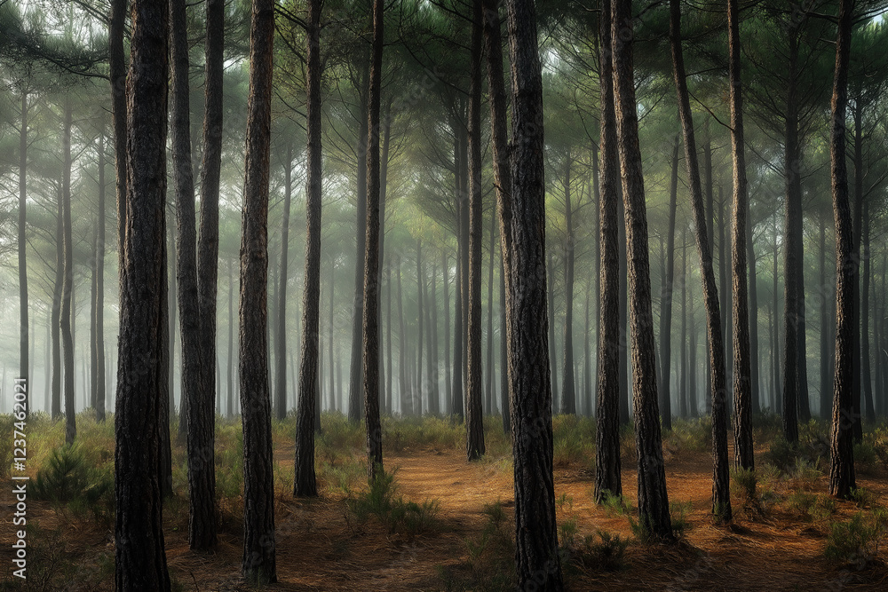 Fototapeta premium Misty landscape with fir forest. Misty pine forest during sunrise