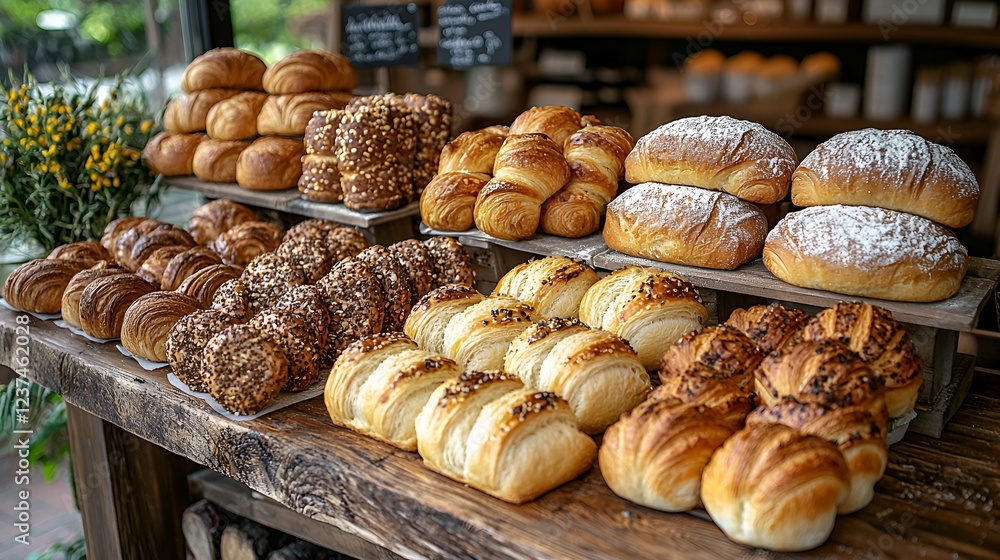 Bakery display, assorted breads, rustic wood, shop background, food photography Bakery display, assorted breads, rustic wood, shop background, food photography
