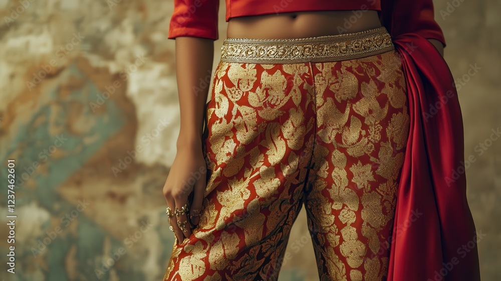 two-piece outfit featuring a red top and gold-patterned pants. two-piece outfit featuring a red top and gold-patterned pants.
