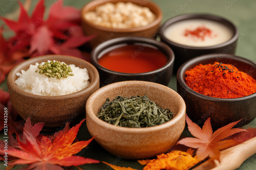 Assortment of Korean side dishes in small bowls with fall leaves Assortment of Korean side dishes in small bowls with fall leaves