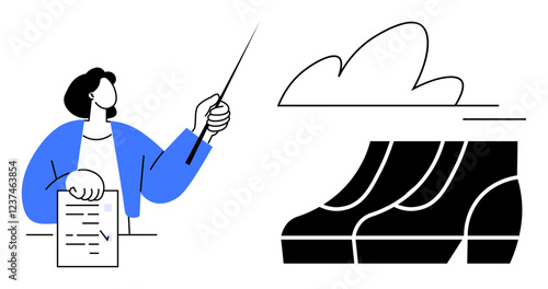 Businessperson holding a document and pointing at charts cloud and bar graphs in black and blue tones. Ideal for presentations, market analysis, data explanation, business strategy, training