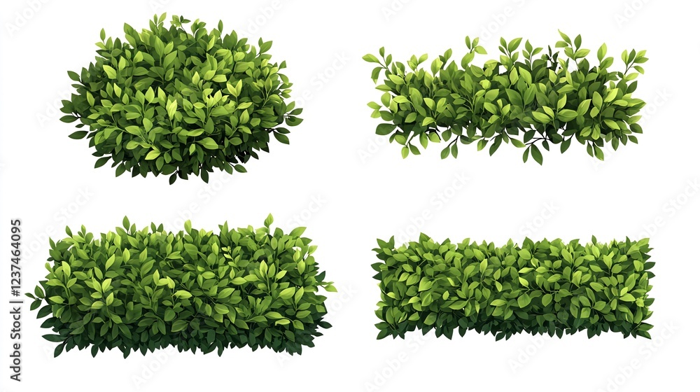 Fototapeta premium Lush green shrubs, top view, garden design elements, landscaping