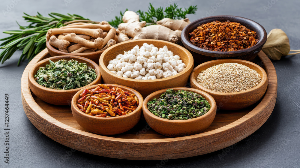Fresh and dried herbs and spices arranged in bowls on wooden tray Fresh and dried herbs and spices arranged in bowls on wooden tray