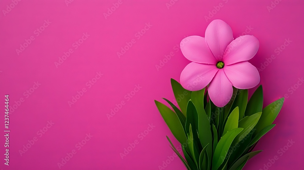 Pink Flower on Pink Background: A single, delicate pink flower blossoms amidst vibrant green leaves, set against a bold pink backdrop. The composition is simple yet elegant. Pink Flower on Pink Background: A single, delicate pink flower blossoms amidst vibrant green leaves, set against a bold pink backdrop. The composition is simple yet elegant.