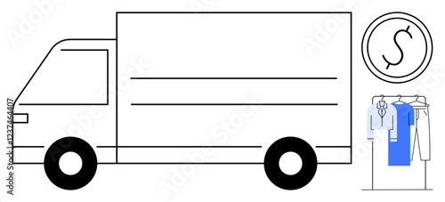 Delivery truck, coin, hanging clothes. Ideal for logistics, deliveries, online shopping, e-commerce, retail moving services and financial transactions. Line metaphor