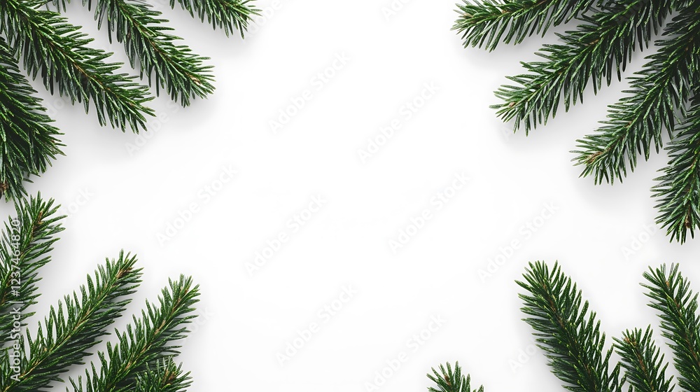 Evergreen branches frame a white background Evergreen branches frame a white background