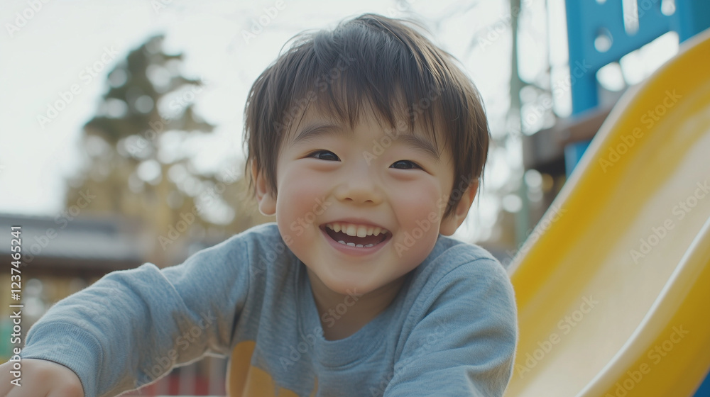 公園の遊具で遊ぶ笑顔な日本の幼児のクローズアップ 3歳、4歳、5歳 幼稚園児 アジア人