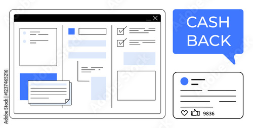 Web interface elements, notification with Cash Back, social media post with thumbs ups and comments. Ideal for online shopping, user interface, digital marketing, social media, customer engagement