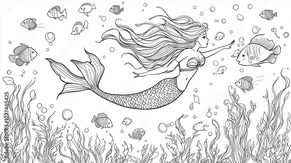 人魚の線画 ファンタジーな塗り絵 大人の塗り絵 子ども 海の中