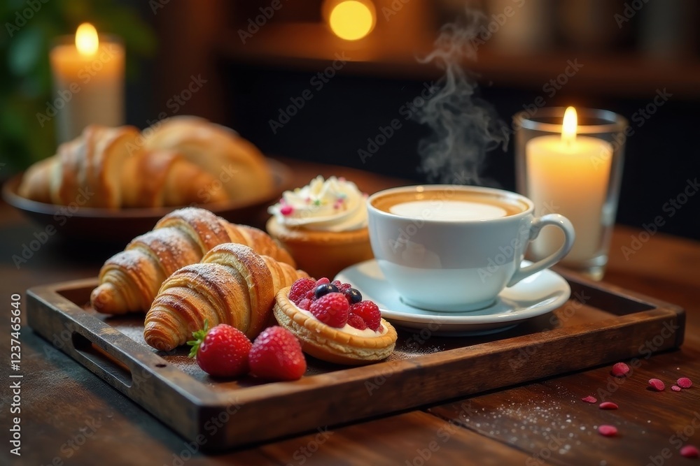 Warm morning pastries and a steaming cup of coffee on a rustic wooden tray Warm morning pastries and a steaming cup of coffee on a rustic wooden tray