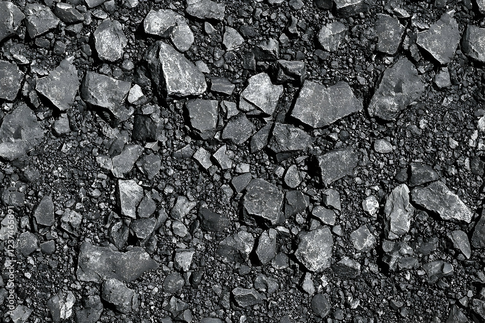 Dark Grey Gravel Texture: A detailed close-up reveals the rugged texture of dark grey gravel, showcasing a mix of small stones and coarse grit. Dark Grey Gravel Texture: A detailed close-up reveals the rugged texture of dark grey gravel, showcasing a mix of small stones and coarse grit.