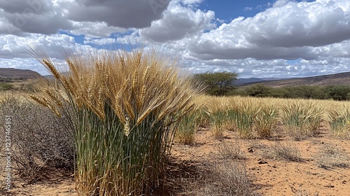 Golden barley field under a cloudy sky in arid landscape, suitable for agriculture and food industry