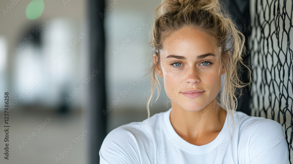 determined female athlete with confident expression in training space determined female athlete with confident expression in training space