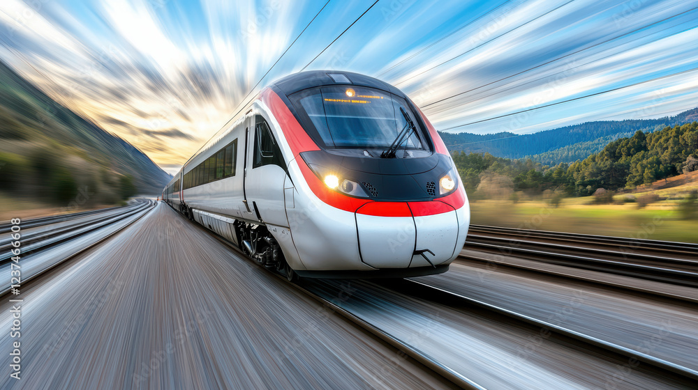 Fototapeta premium High speed train racing through countryside landscape, showcasing motion