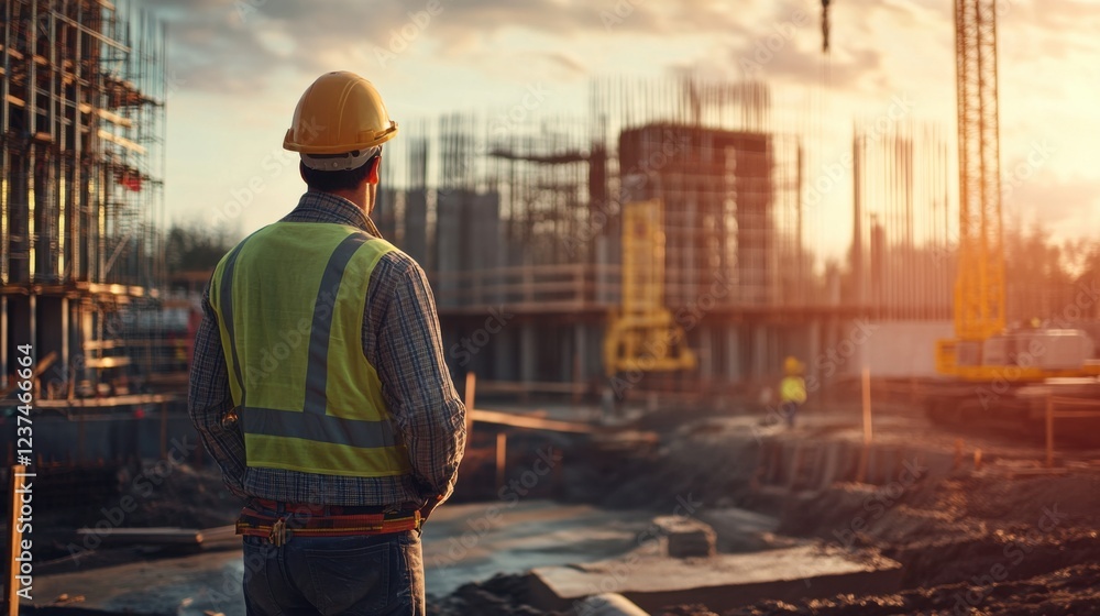 An intimate view of a construction foreman supervising concrete pouring at a building foundation site, Building foundation pouring scene, Authoritative and focused style An intimate view of a construction foreman supervising concrete pouring at a building foundation site, Building foundation pouring scene, Authoritative and focused style